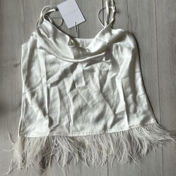 ENDLESS ROSE SATIN COWL NECK TOP WITH FEATHER WHITE S NWT in packaging - Picture 8 of 9